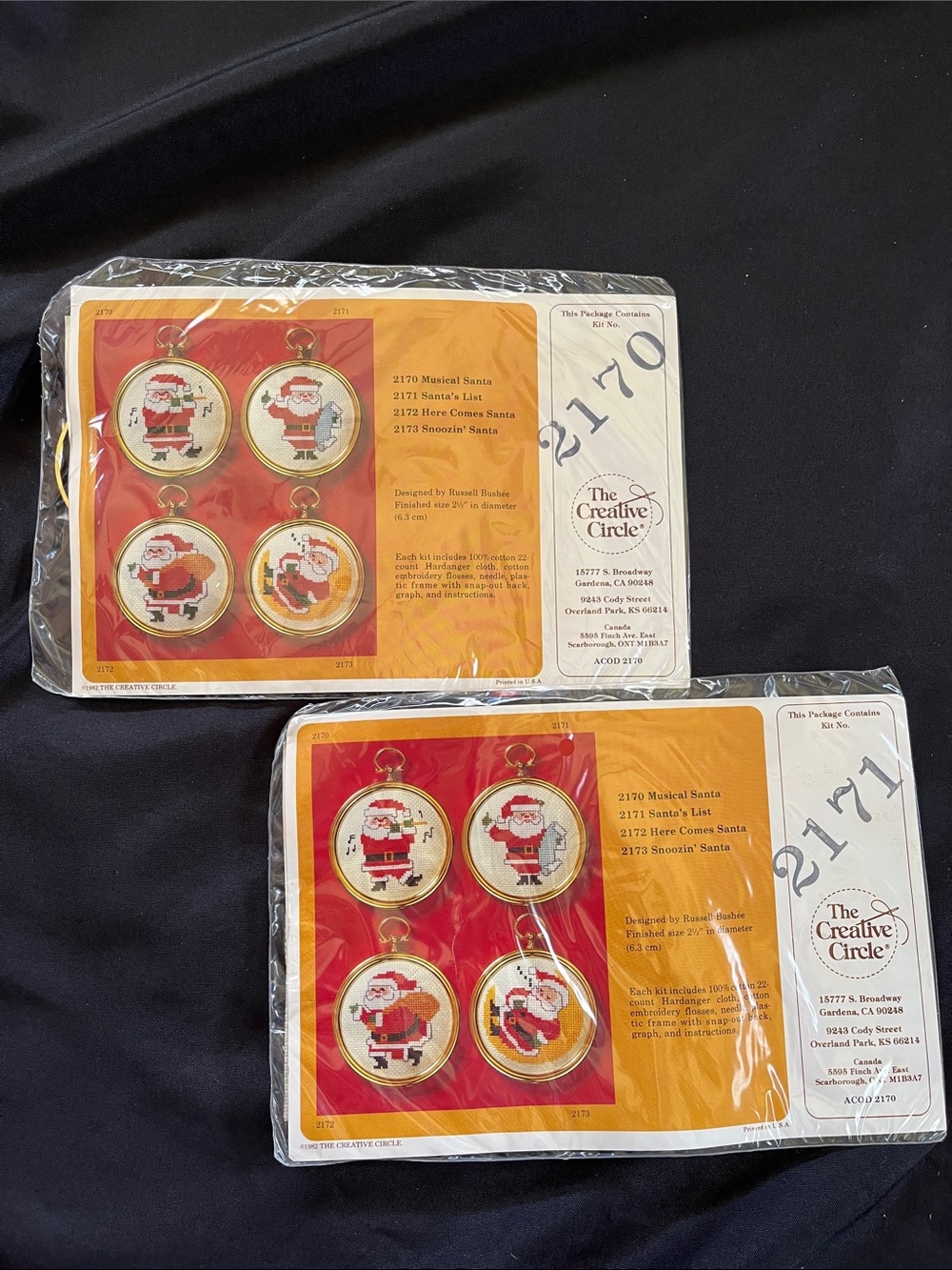 2 Vtg 1982 Creative Circle Santa Cross Stitch Ornament Kits 2170 & 2171 NIP